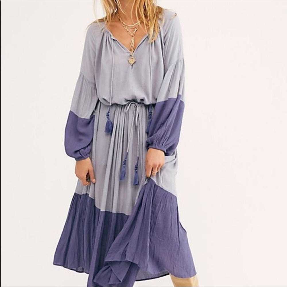 Free People Never Forget Drawstring Blocked Oversized Boho Midi Dress New Large